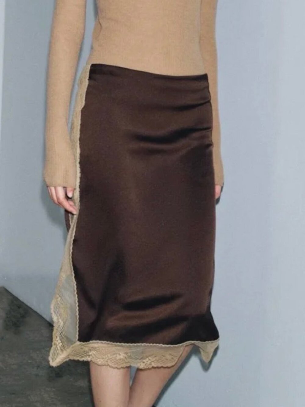 Zara Brown Satin Midi Skirt with Lace Trim Size XS